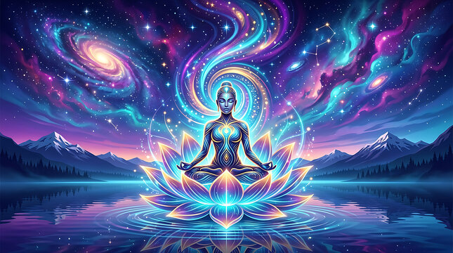 Meditative woman in lotus position under vibrant cosmic sky with swirling galaxy