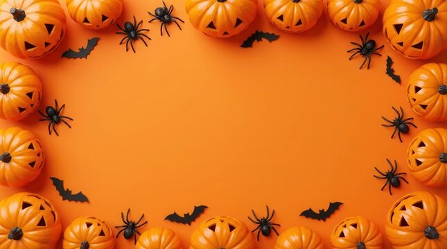 Festive Halloween decoration with jack-o-lantern pumpkins, bats, and spiders on orange surface.