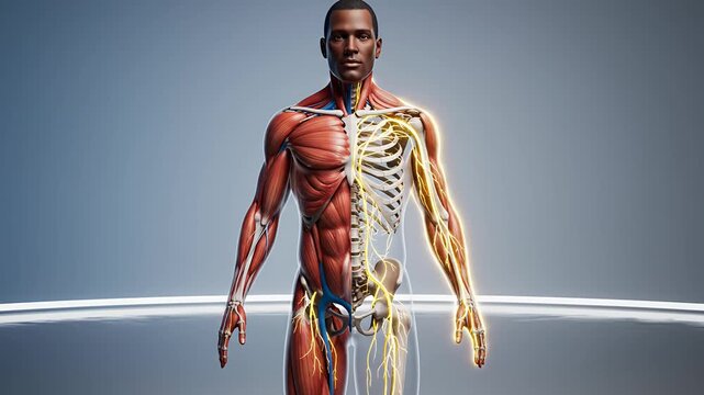 3D human anatomy model showing muscular and nervous systems.