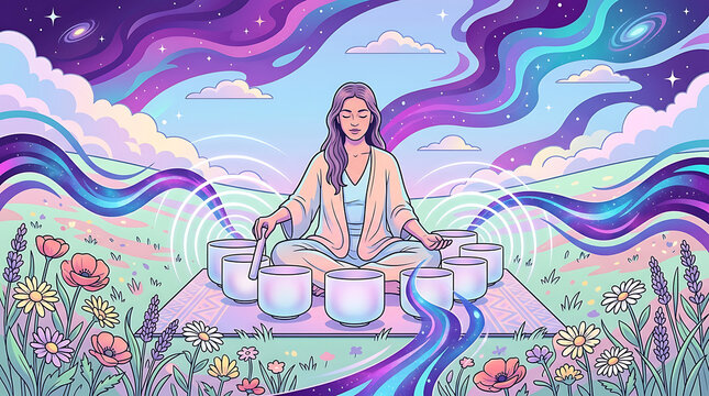 Meditative woman playing singing bowls in serene nature landscape