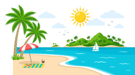 Obraz premium A vibrant cartoon illustration of a tropical beach with palm trees, an umbrella, a sailboat on the blue ocean, and a sunny island in the background.