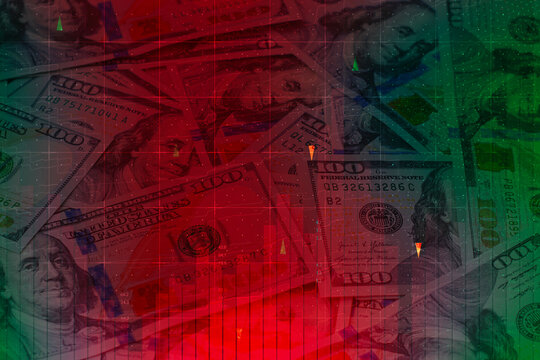 US dollar banknotes with bearish market chart, declining financial performance and investment data visualization. Economic downturn, stock market volatility, recession risk and business concept.