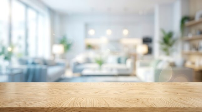 Empty wooden table top for product display with blurred modern living room background for website banner and design.