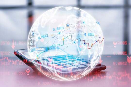 Electronic calculator on desk with digital globe network, financial stock charts and trading numbers. Worldwide accounting technology, global economy crisis or corporate investment budget planning.