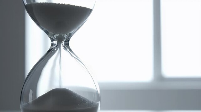Transparent glass hourglass with falling dark sand against bright window background representing time management, deadline and urgency.