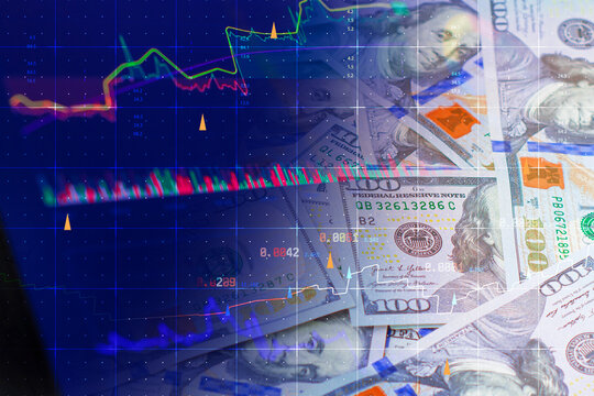 US dollar banknotes with financial market charts, trading indicators and investment analytics overlay. Stock market, fintech, wealth management, economic growth and business finance concept.