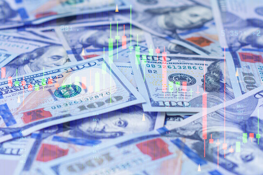 US dollar banknotes with financial market candlestick chart overlay. Investment, stock trading, forex, market volatility, wealth management and financial analysis concept for banking and fintech.