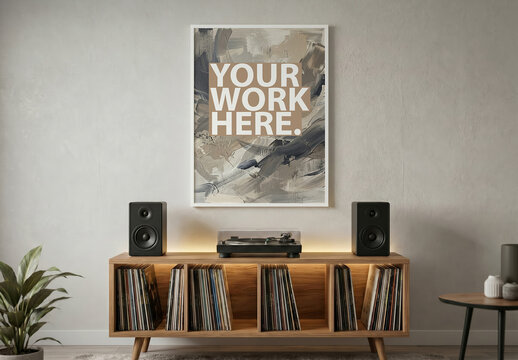 Vertical Poster Mockup in frame above console with turntable and vynil records