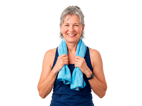 Smiling senior woman with gray hair wearing a dark blue tank top and a blue towel around her neck after a workout PNG Isolated on transparent background
