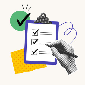 Minimal checklist collage with hand and clipboard in halftone style, modern task management and productivity concept illustration for business, planning and organization.