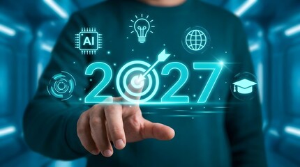 Fototapeta premium A person's finger points to the year 2027, surrounded by futuristic icons representing AI, innovation, and global connectivity.