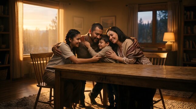 Loving parents embracing children around dining table representing emotional support, unconditional love and family protection