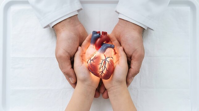 Medical professional and child holding a detailed anatomical heart model symbolizing pediatric cardiac care and health protection