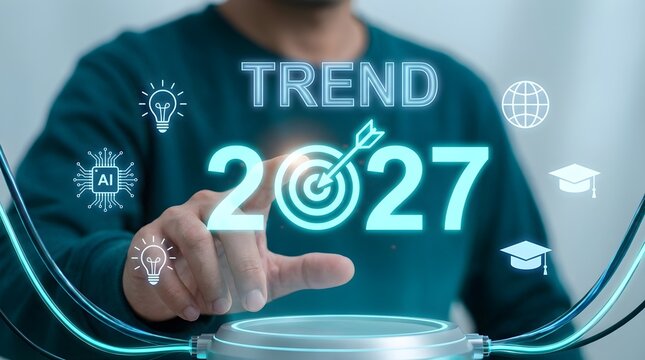 A person points to the year 2027 with the word TREND superimposed, symbolizing future business and technology trends.