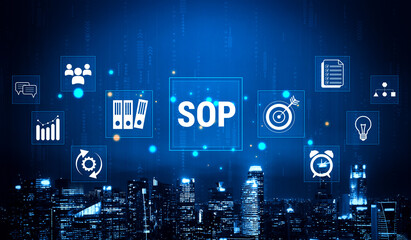Digital Concept of Standard Operating Procedures in Business Management with Modern Icons and City...