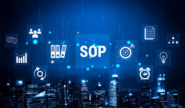 Digital Concept of Standard Operating Procedures in Business Management with Modern Icons and City Skyline Background for Professional Use. Glyphic.