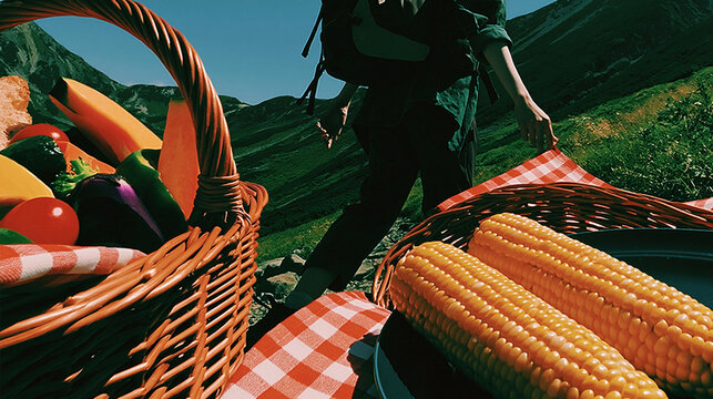 Hiker With Picnic Basket and Corn on Mountain Trail at Sunset