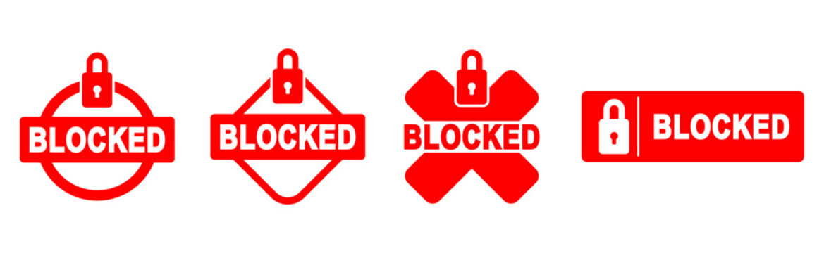 Set of red blocked warning stamp icons and labels featuring padlock security symbols in circle rhombus cross and rectangle shapes isolated on white background template