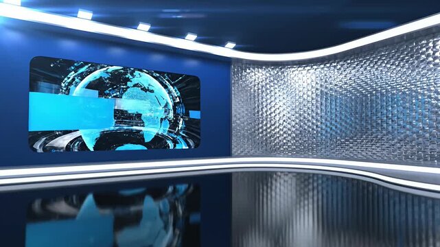 Modern virtual news studio with blue screen background.