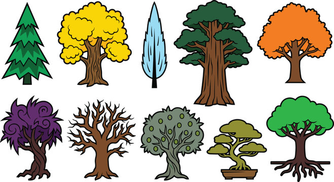 Green forest and nature trees color flat line icons set featuring oak pine maple olive bonsai willow cypress and winter bare tree vectors
