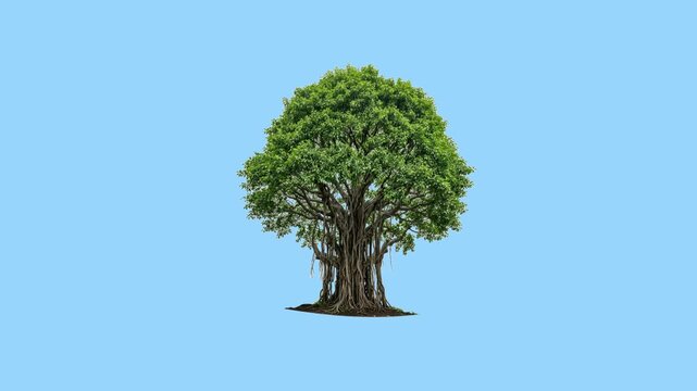 Natural Banyan Tree Moving Gently: Realistic 3D Organic Plant with Aerial Roots and Green Leaves Swaying in Smooth Motion Isolated on Light Blue Background, Loopable Animation