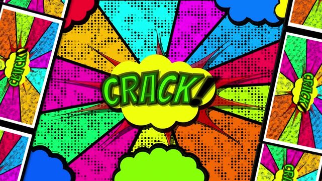 Vibrant Comic Book Style Animation Loop Featuring The Word Crack In A Yellow Speech Bubble. Colorful Sunburst Radial Lines With Halftone Patterns Cycle Through Bright Red, Blue, Green, And Purple Hues