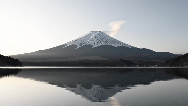 Mount Fuji reflected in Lake Kawaguchi at dawn.