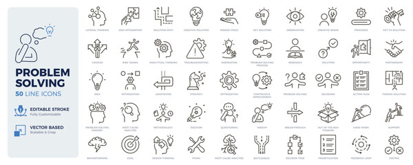Problem solving icons. Critical thinking, decision making and creative solution thin line icon set. Editable stroke vector illustrations. © Pedro