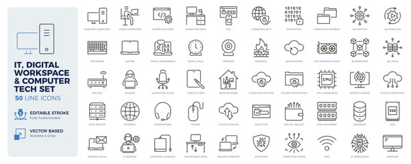 Fototapeta na wymiar IT, digital workspace, computer hardware and tech icons. Cybersecurity, IT service, cloud computing and remote work thin line icon set. Editable stroke vector illustrations.