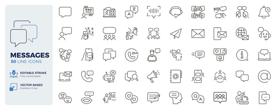 Messages icons. Communication, chat, messaging, speech bubbles and customer support thin line icon set. Editable stroke vector illustrations.