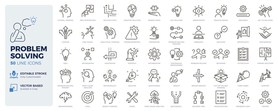 Problem solving icons. Critical thinking, decision making and creative solution thin line icon set. Editable stroke vector illustrations.