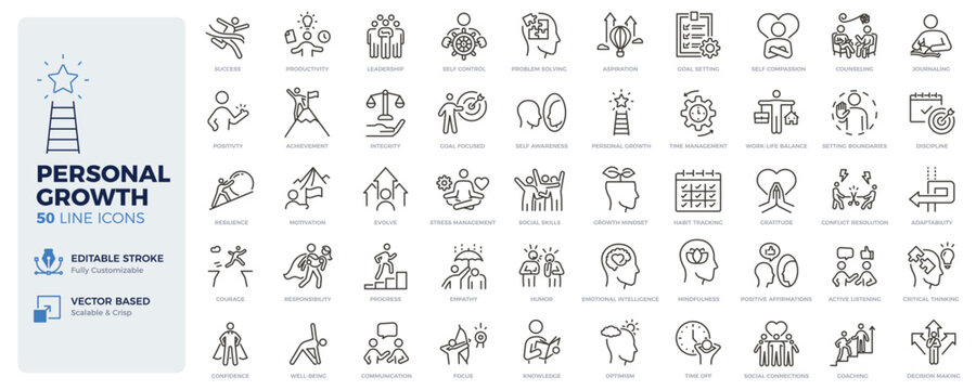 Personal growth, self improvement and emotional intelligence icons. Mindset, individual success, productivity and personal development thin line icon set. Editable stroke vector illustrations.