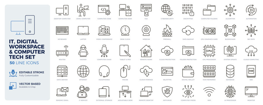 IT, digital workspace, computer hardware and tech icons. Cybersecurity, IT service, cloud computing and remote work thin line icon set. Editable stroke vector illustrations.