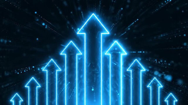 Neon blue glowing arrows pointing upward in space.