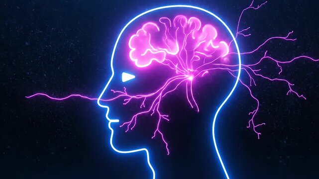 Neon blue human head silhouette with neural network glow.