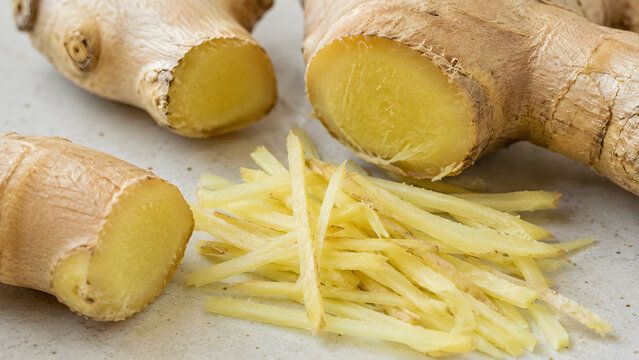 Macro photo of fresh ginger root and julienne slices on stone