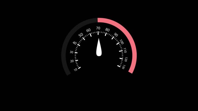4K Animated Speedometer Gauge on Black Background - Car Dashboard Dial with Decreasing Speed Arrow and Red Progress Indicator, High Performance Concept Motion Graphics Footage.