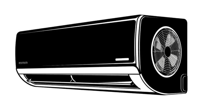 Minimal black silhouette icon, simple flat vector, bold black shape, no gradients, no shading modern black wallmounted air conditioner unit on a, flat icon style