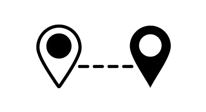 Minimal black silhouette icon, simple flat vector, bold black shape, no gradients, no shading map pins connected by dashed line, showing route or distance, on a, flat icon style
