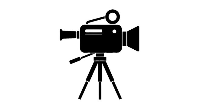 Minimal black silhouette icon, simple flat vector, bold black shape, no gradients, no shading video camera on a tripod icon on a, flat icon style
