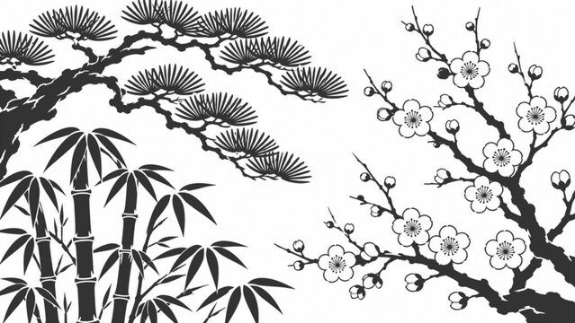 松竹梅を描いた白黒の和風装飾背景