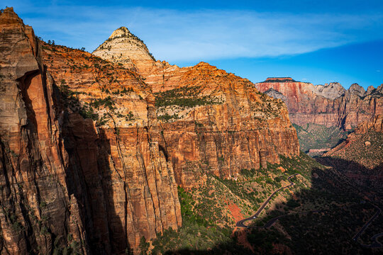 Zion Canyon Overlook with Switchback Road and Sandstone Peaks at Sunrise