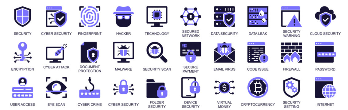 Cyber security icon set in duotone solid icons web design. Pack pictograms of fingerprint, hacker, technology, network, data, warning, encryption, protection, malware, scan, more. Vector illustration.