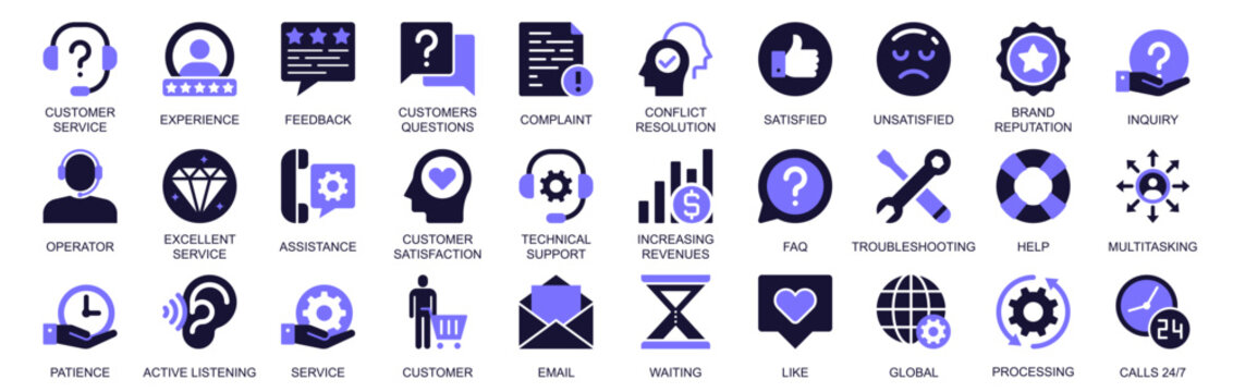 Customer service icon set in duotone solid icons web design. Pack pictograms of experience, feedback, question, complaint, conflict, resolution, satisfied, brand reputation, more. Vector illustration.