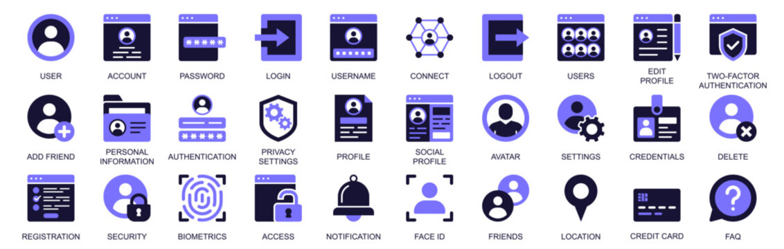 User account icon set in duotone solid icons web design. Pack pictograms of password, login, username, logout, edit profile, authentication, add friend, personal information, more. Vector illustration