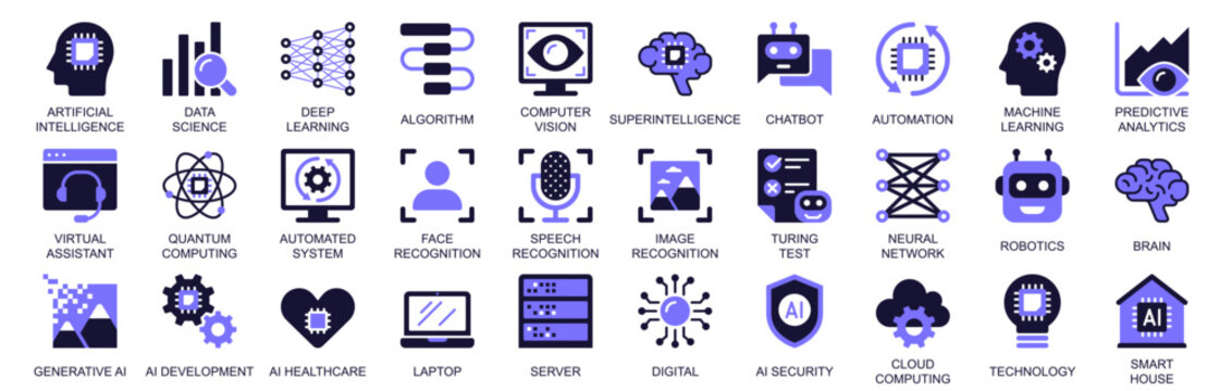 Artificial intelligence icon set in duotone solid icons web design. Pack pictograms of data science, deep learning, algorithm, computer, vision, chatbot, automation, test, more. Vector illustration.