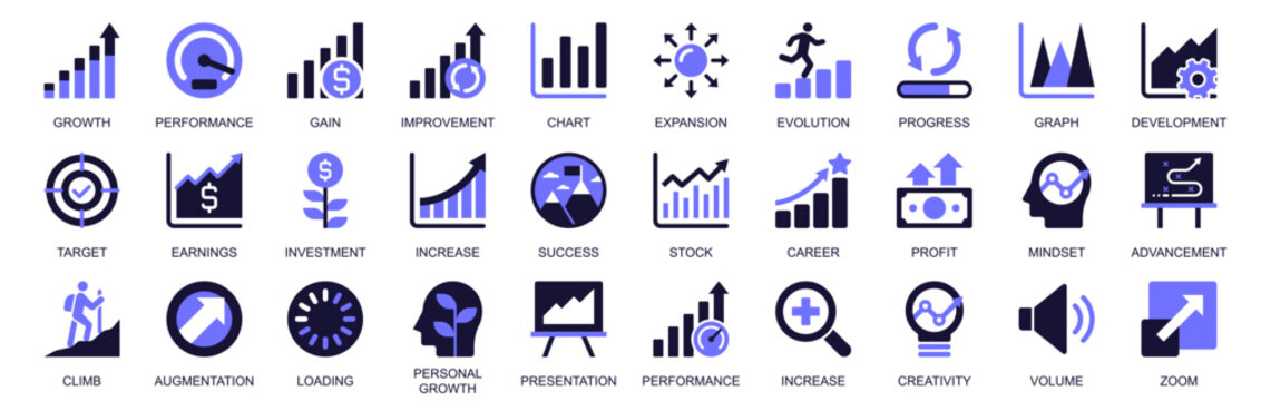 Growth icon set in duotone solid icons web design. Pack pictograms of performance, improvement, chart, expansion, evolution, progress, graph, target, earning, investment, more. Vector illustration.