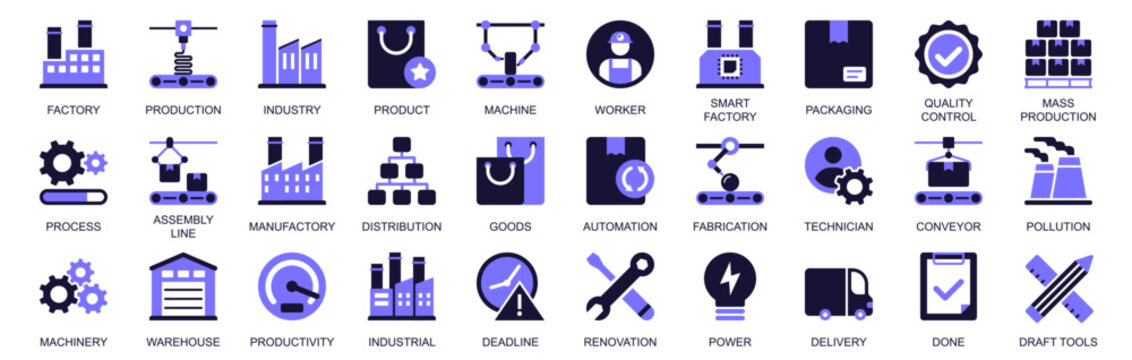 Factory icon set in duotone solid icons web design. Pack pictograms of production, industry, product, machine, worker, quality control, process, assembly line, manufactory, more. Vector illustration.