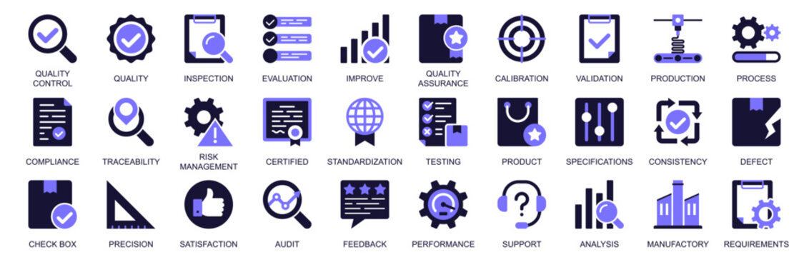 Quality control icon set in duotone solid icons web design. Pack pictograms of inspection, evaluation, improve, assurance, calibration, validation, production, compliance, more. Vector illustration.