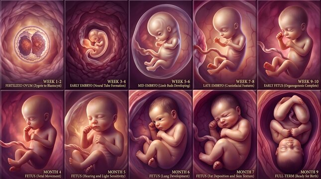 Detailed artistic illustration depicting human fetal development through various stages inside the womb from fertilization to full term